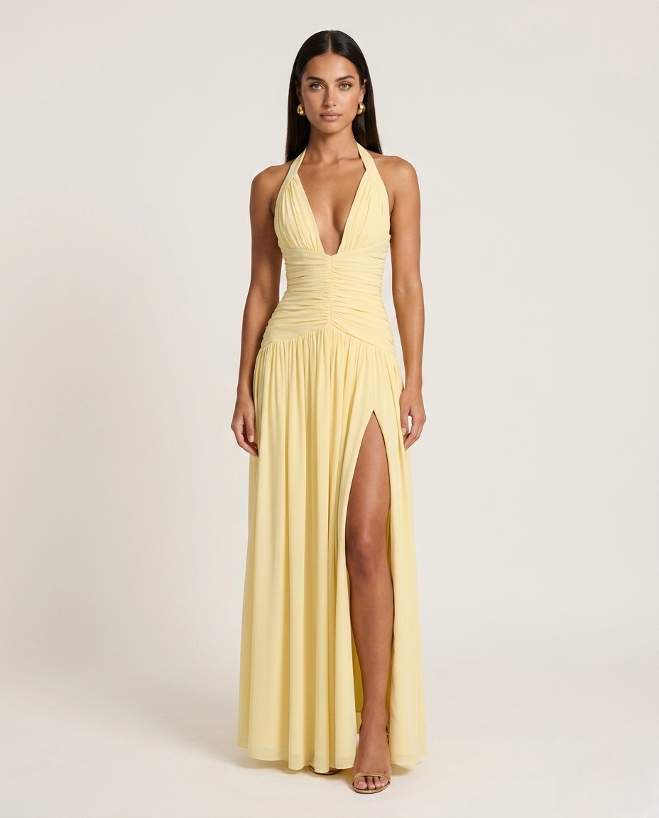 Solanza pastel yellow long slit dress Sunsoria Solanza pastel yellow long slit dress Sunsoria