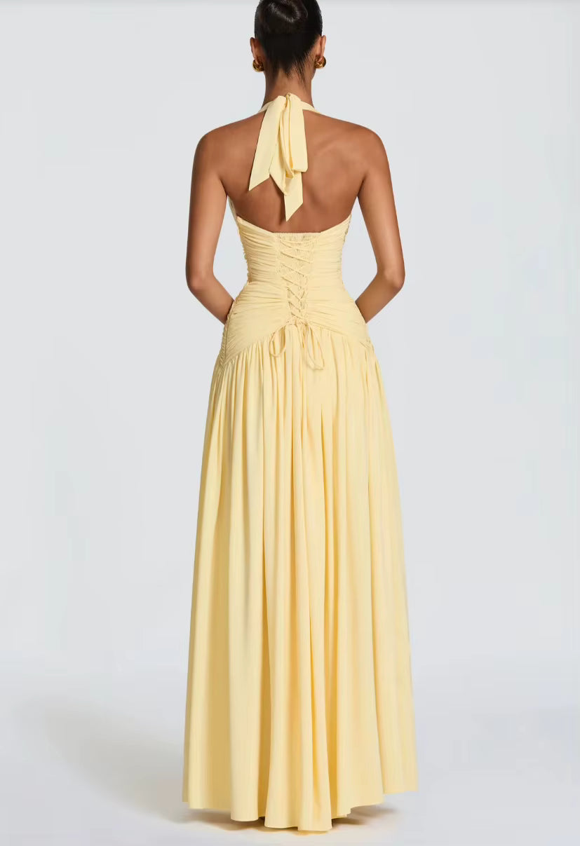 Robe longue jaune pastel fendu Solanza