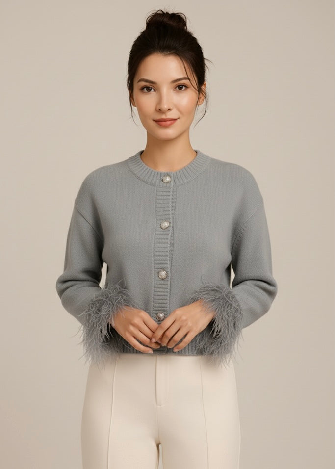 Plumera Women's Knitted Cardigan with Feather