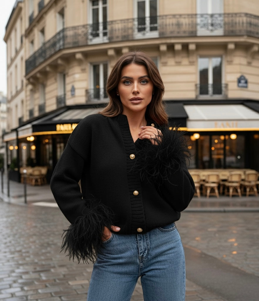 Plumera Women's Knitted Cardigan with Feather