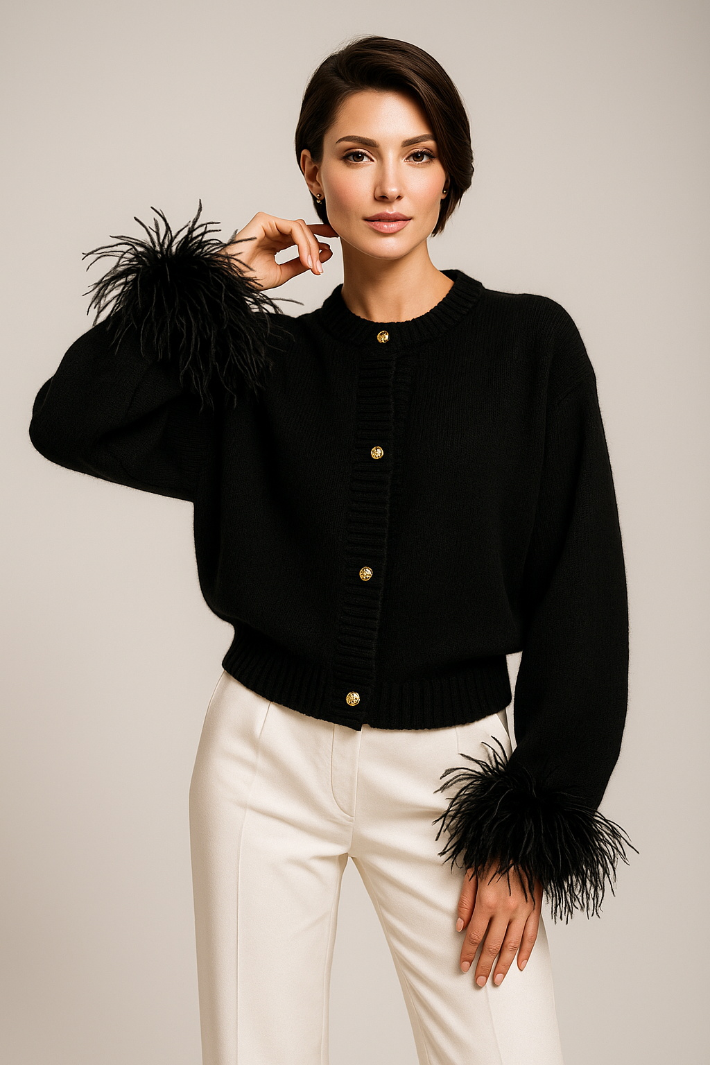 Plumera Women's Knitted Cardigan with Feather