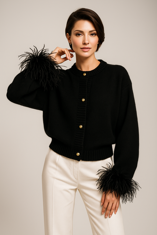 Cárdigan de punto para mujer con plumas de plumera