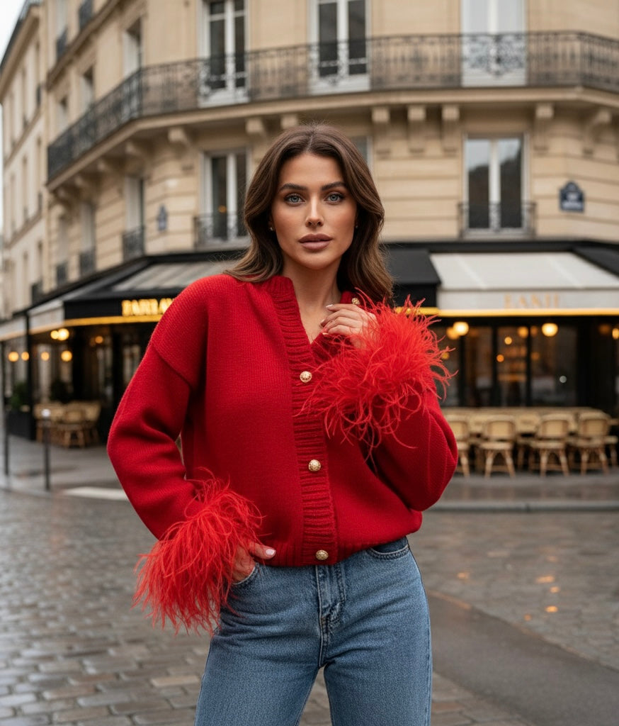 Plumera Women's Knitted Cardigan with Feather