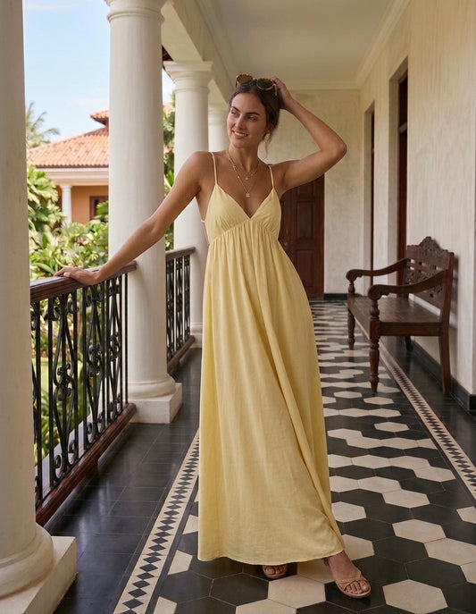 Robe Longue Femme Jaune Pastel Panama