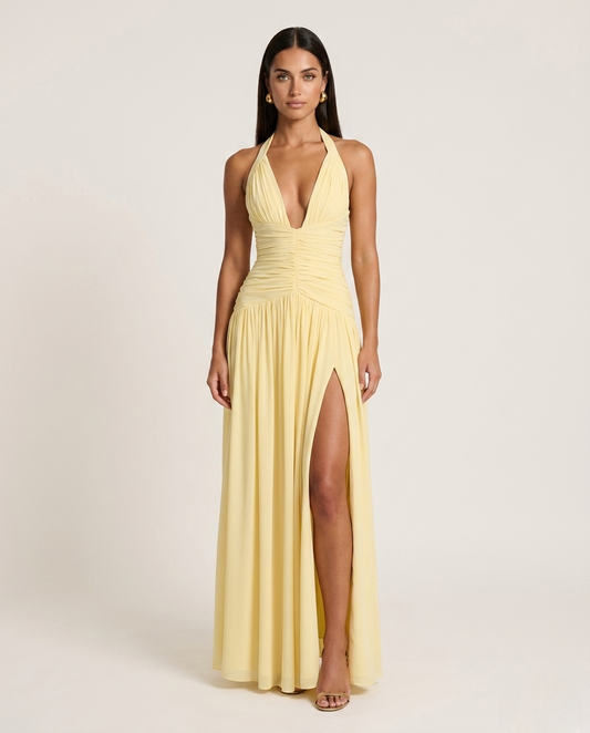 Robe longue jaune pastel fendu Solanza