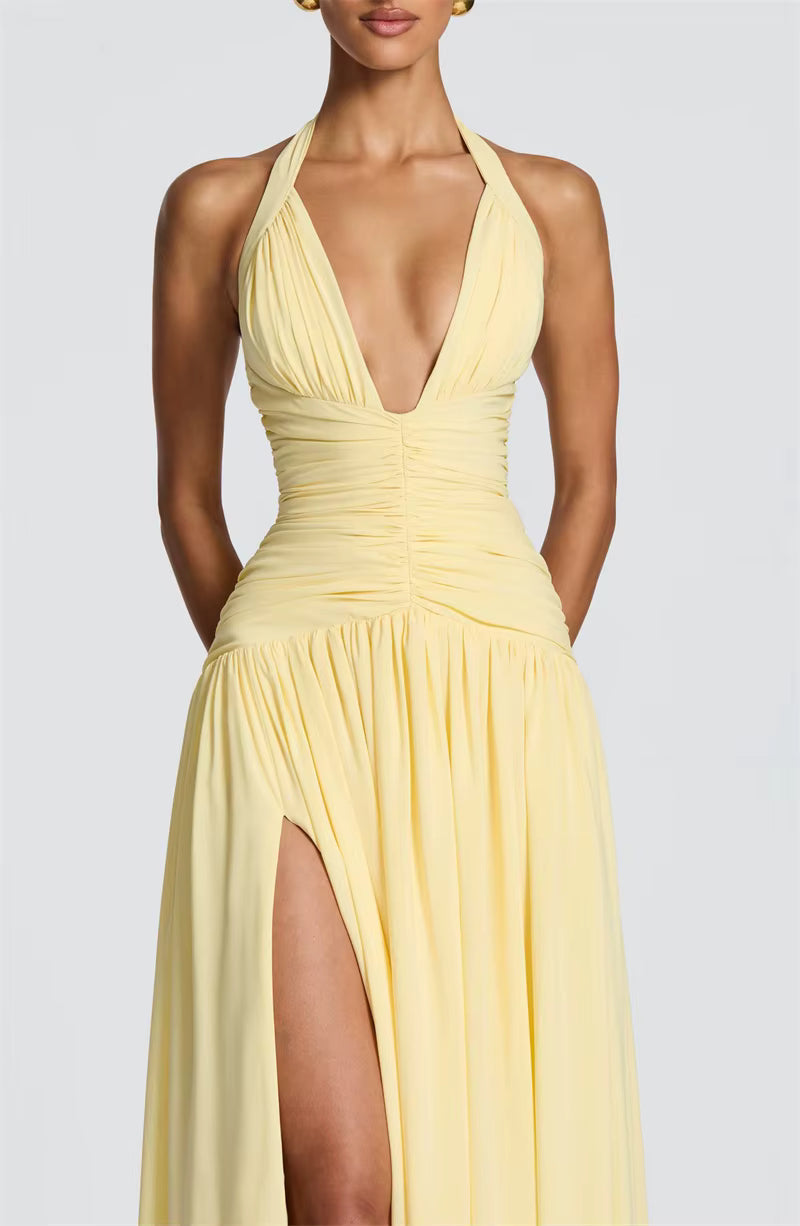 Robe longue jaune pastel fendu Solanza